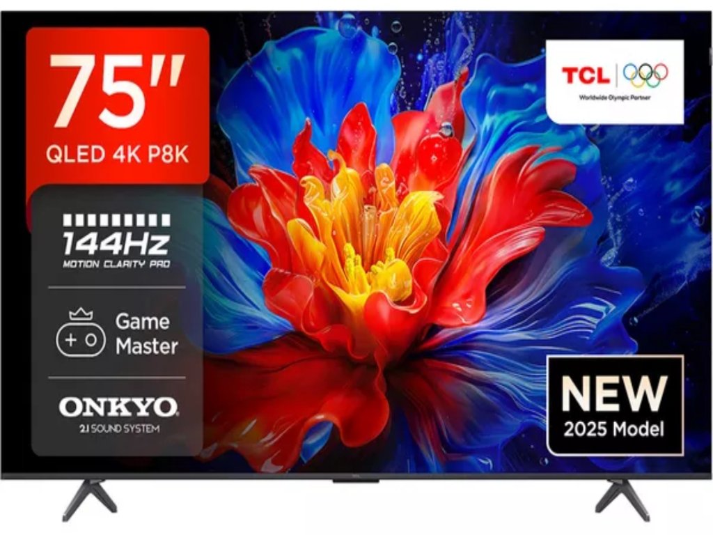 TCL 75"P8K 4K QLED TV 144HzGoogle TV; Motion Clarity Pro;Game Master; Onkyo 2.1;